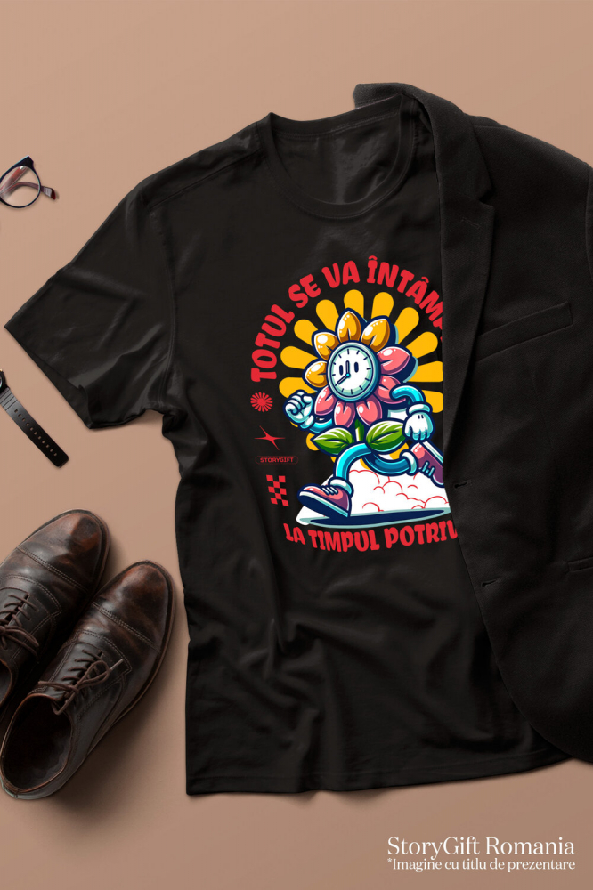 Tricou Femei, Barbati, Copii, Fata, Baiat, Unisex Personalizat „Totul se va întâmpla la momentul potrivit” - Ceas Floarea Soarelui Personalizat | Cadou Inspirational pentru Familie și Prieteni [3]