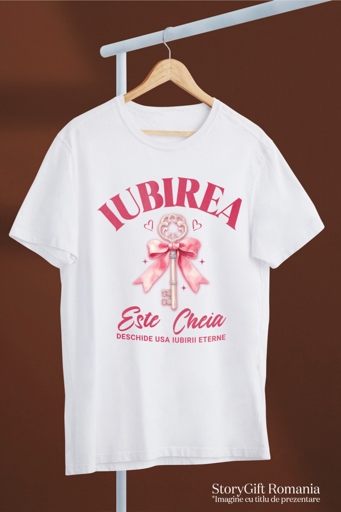 Tricou Femei, Barbati, Copii, Fata, Baiat, Unisex Personalizat Cheie de Argint cu Funda Roz și Mesaj „Iubirea este cheia iubirii eterne” – Cadou Personalizat [3]