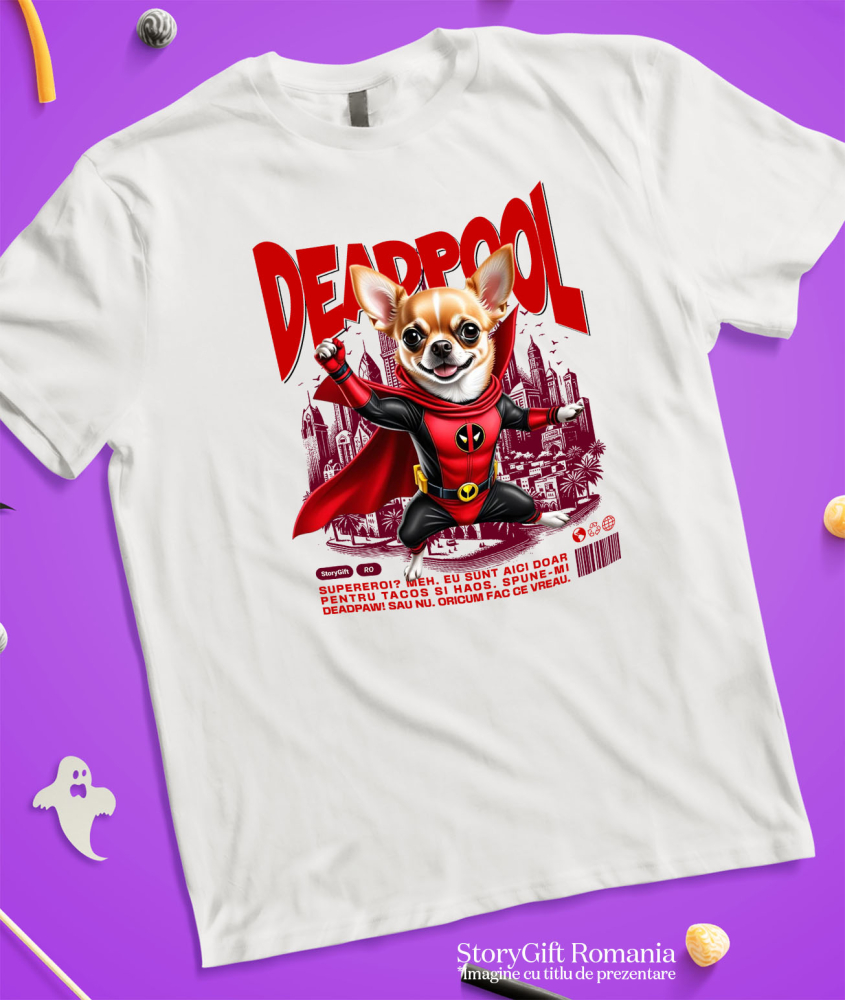 Tricou Femei, Barbati, Copii, Fata, Baiat, Unisex Personalizat Chihuahua în Costum Deadpool – Câine Supererou Adorabil și Personalizat [3]