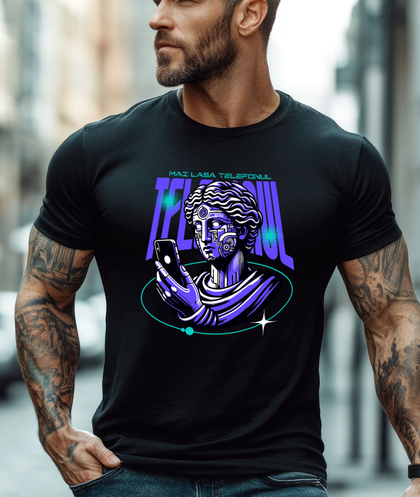 Tricou Femei, Barbati, Copii, Fata, Baiat, Unisex Personalizat Chip Uman Statuie Grecească cu Telefon și Robot - „Haios, Mai Lasa Telefonul” - Cadou Personalizat [2]