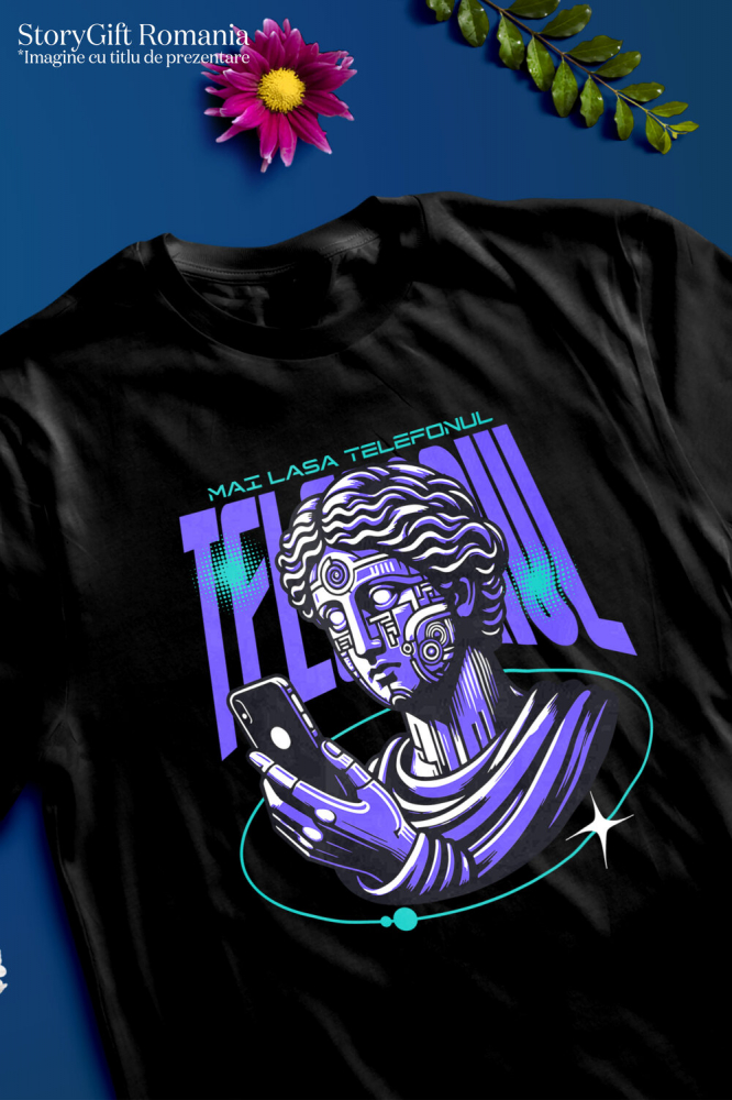 Tricou Femei, Barbati, Copii, Fata, Baiat, Unisex Personalizat Chip Uman Statuie Grecească cu Telefon și Robot - „Haios, Mai Lasa Telefonul” - Cadou Personalizat [3]
