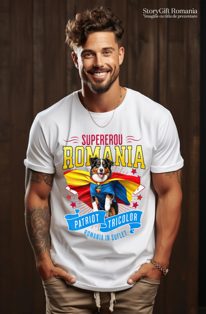 Tricou Femei, Barbati, Copii, Fata, Baiat, Unisex Personalizat Ciobănesc Australian în Costum de Căpitan România – Cadou Personalizat pentru Iubitorii de Câini [2]