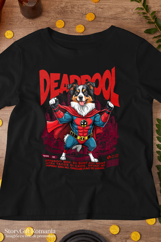 Tricou Femei, Barbati, Copii, Fata, Baiat, Unisex Personalizat Ciobănesc Australian în Costum Deadpool – Câine Supererou Amuzant și Personalizat [3]