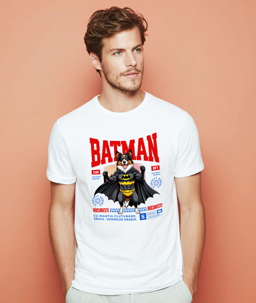 Tricou Femei, Barbati, Copii, Fata, Baiat, Unisex Personalizat Ciobănesc Australian în Costum de Batman – Câine Supererou pentru Copii și Iubitorii de Animale [2]