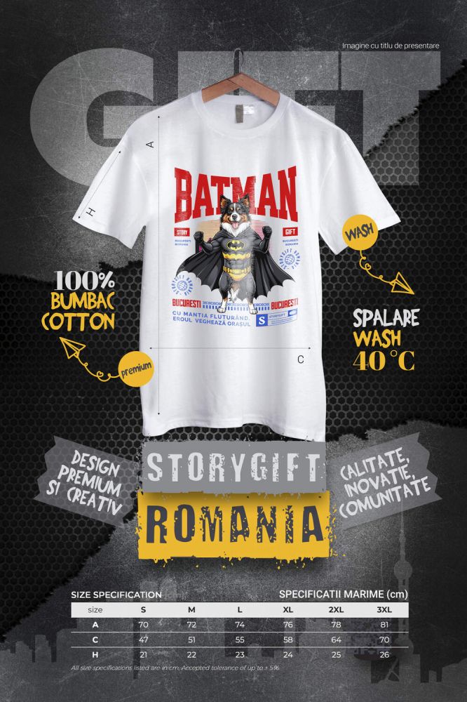 Tricou Femei, Barbati, Copii, Fata, Baiat, Unisex Personalizat Ciobănesc Australian în Costum de Batman – Câine Supererou pentru Copii și Iubitorii de Animale [4]