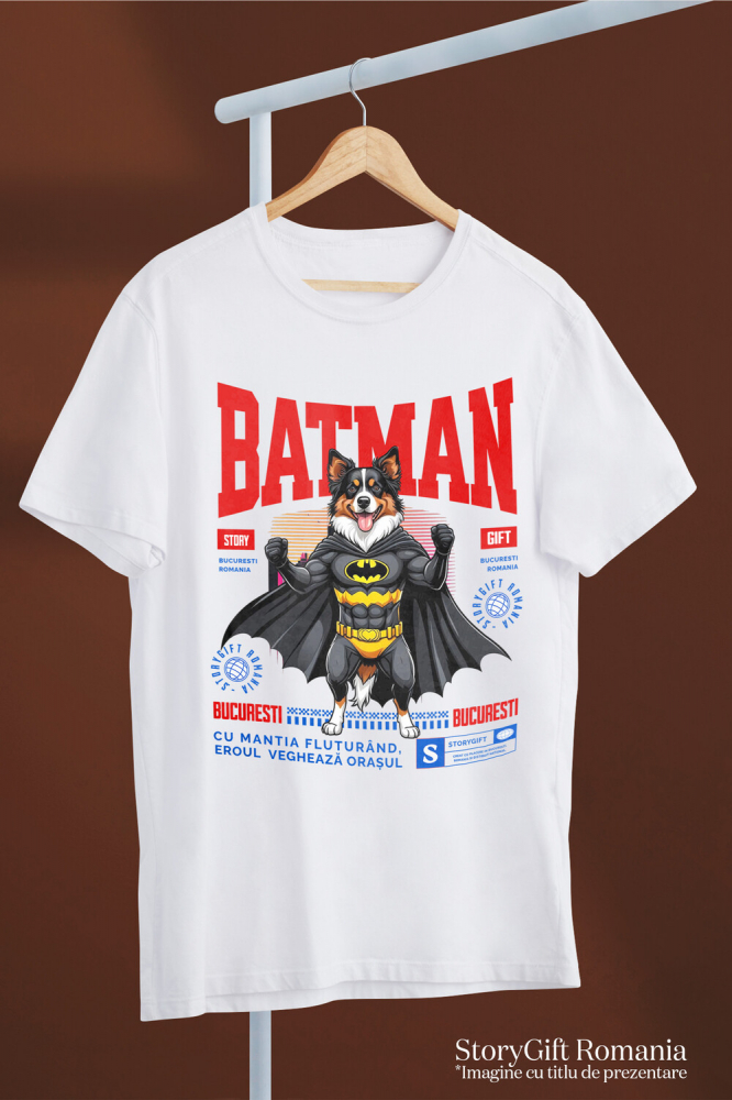 Tricou Femei, Barbati, Copii, Fata, Baiat, Unisex Personalizat Ciobănesc Australian în Costum de Batman – Câine Supererou pentru Copii și Iubitorii de Animale [3]