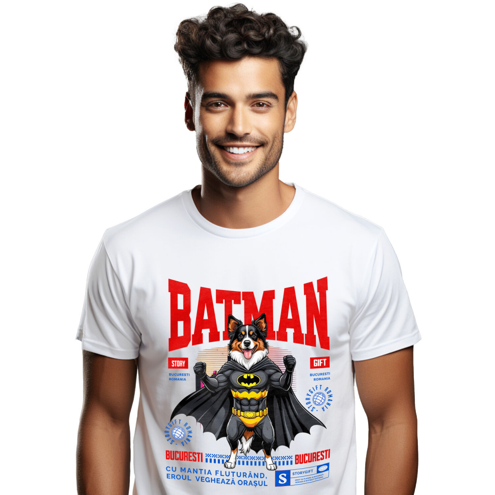 Tricou Femei, Barbati, Copii, Fata, Baiat, Unisex Personalizat Ciobănesc Australian în Costum de Batman – Câine Supererou pentru Copii și Iubitorii de Animale [1]