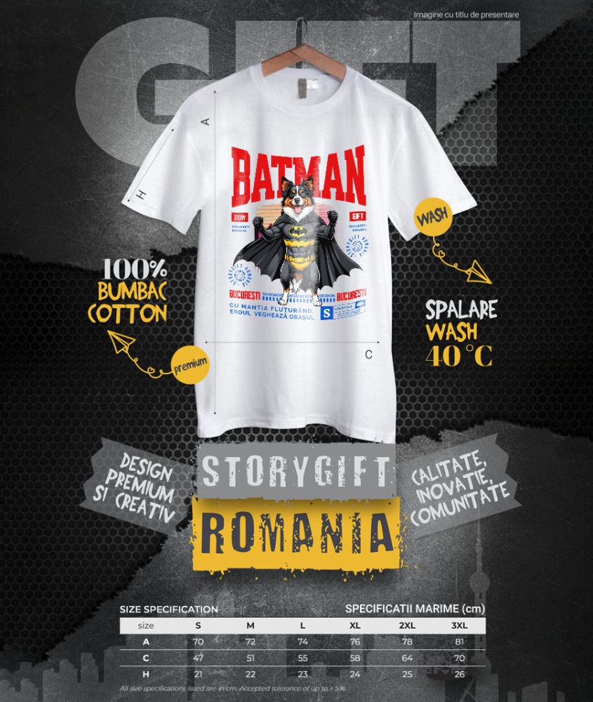 Tricou Femei, Barbati, Copii, Fata, Baiat, Unisex Personalizat Ciobănesc Australian în Costum de Batman – Câine Supererou pentru Copii și Iubitorii de Animale [4]