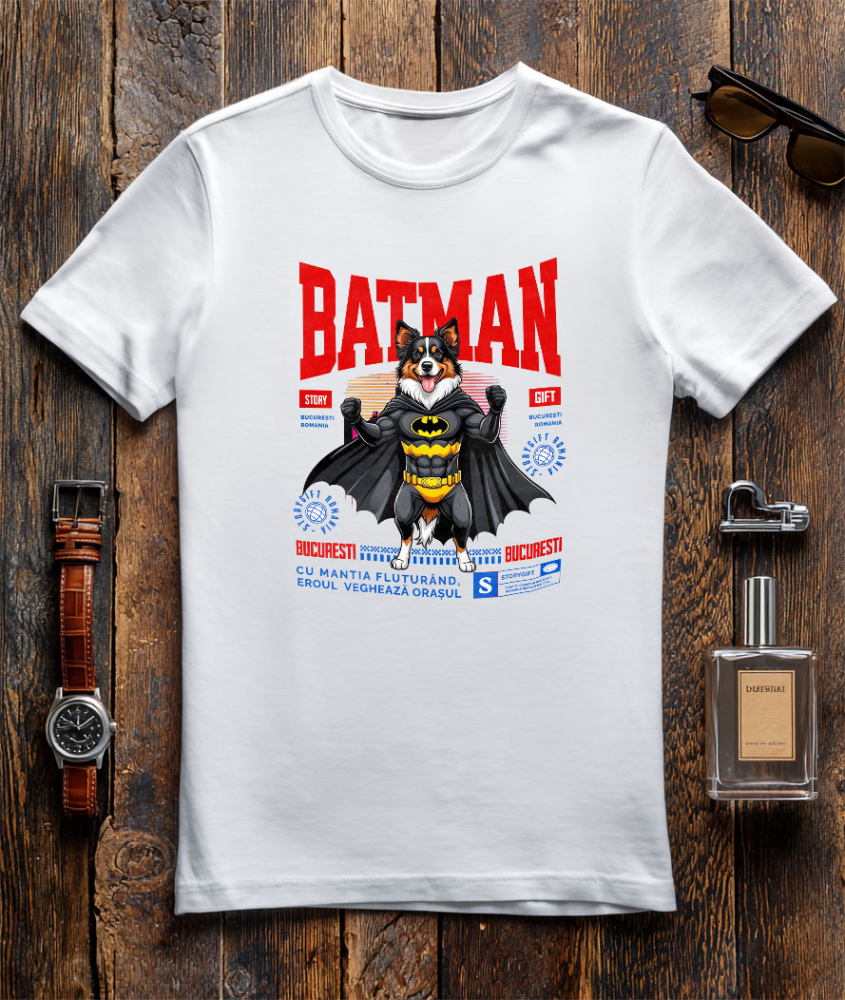Tricou Femei, Barbati, Copii, Fata, Baiat, Unisex Personalizat Ciobănesc Australian în Costum de Batman – Câine Supererou pentru Copii și Iubitorii de Animale [3]