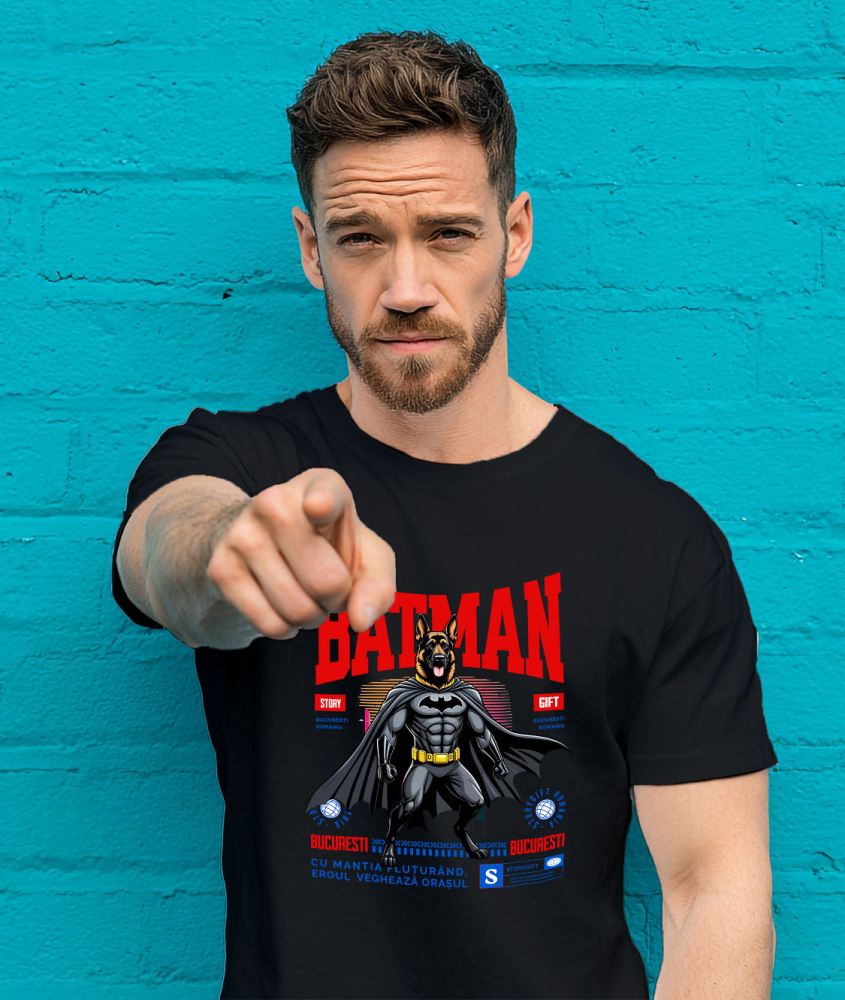 Tricou Femei, Barbati, Copii, Fata, Baiat, Unisex Personalizat Ciobănesc German În Costum de Batman – Câine Supererou pentru Familie și Copii [2]