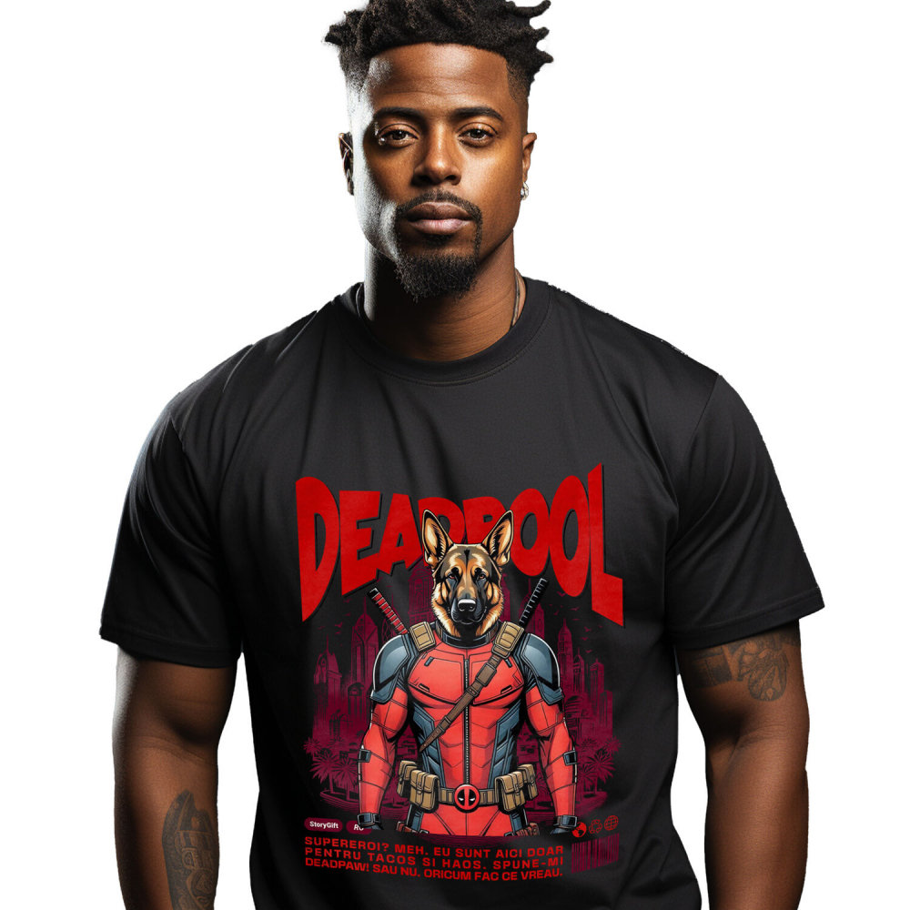 Tricou Femei, Barbati, Copii, Fata, Baiat, Unisex Personalizat Ciobănesc German în Costum Deadpool - Cadou Personalizat pentru Copii și Familie [1]