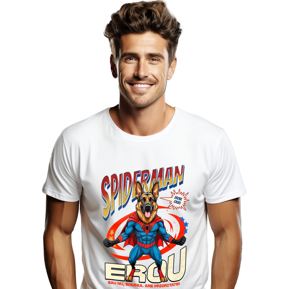 Tricou Femei, Barbati, Copii, Fata, Baiat, Unisex Personalizat Ciobănesc German în Costum Spider-Man cu Pelerină - Cadou Personalizat pentru Iubitorii de Câini și Copii [1]