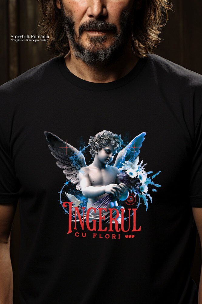 Tricou Femei, Barbati, Copii, Fata, Baiat, Unisex Personalizat Statuie Copil Înger Cu Flori – Cadou Personalizat Aripi Buchet De Flori [2]