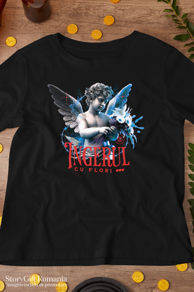 Tricou Femei, Barbati, Copii, Fata, Baiat, Unisex Personalizat Statuie Copil Înger Cu Flori – Cadou Personalizat Aripi Buchet De Flori [3]
