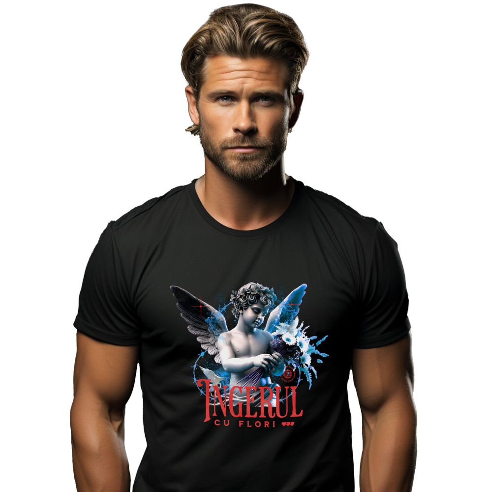 Tricou Femei, Barbati, Copii, Fata, Baiat, Unisex Personalizat Statuie Copil Înger Cu Flori – Cadou Personalizat Aripi Buchet De Flori [1]