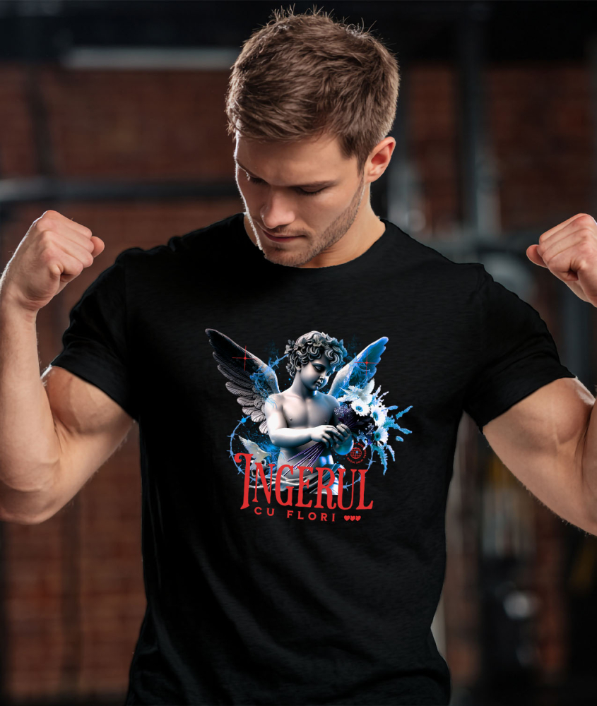 Tricou Femei, Barbati, Copii, Fata, Baiat, Unisex Personalizat Statuie Copil Înger Cu Flori – Cadou Personalizat Aripi Buchet De Flori [2]