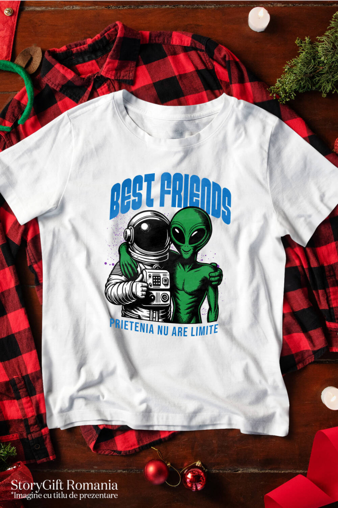 Tricou Femei, Barbati, Copii, Fata, Baiat, Unisex Personalizat "Costum Astronaut Extraterestru Verde - Cei Mai Buni Prieteni Fără Limite în Galaxie" [3]
