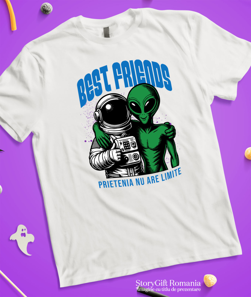 Tricou Femei, Barbati, Copii, Fata, Baiat, Unisex Personalizat "Costum Astronaut Extraterestru Verde - Cei Mai Buni Prieteni Fără Limite în Galaxie" [3]