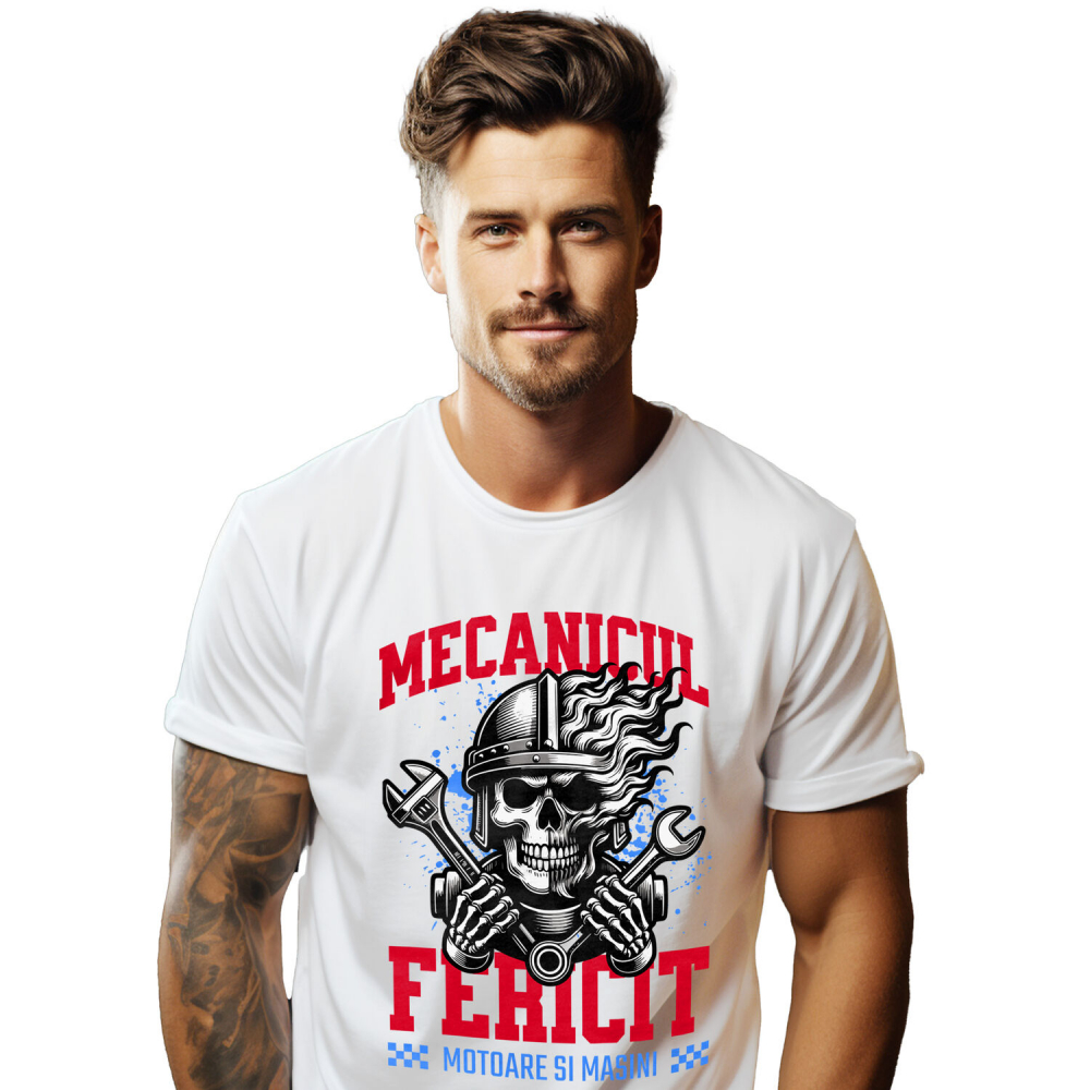 Tricou Femei, Barbati, Copii, Fata, Baiat, Unisex Personalizat Craniu cu Cască și Flăcări – Mecanicul Fericit, Pasiune pentru Motociclete [1]