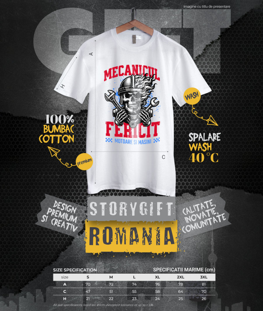 Tricou Femei, Barbati, Copii, Fata, Baiat, Unisex Personalizat Craniu cu Cască și Flăcări – Mecanicul Fericit, Pasiune pentru Motociclete [4]