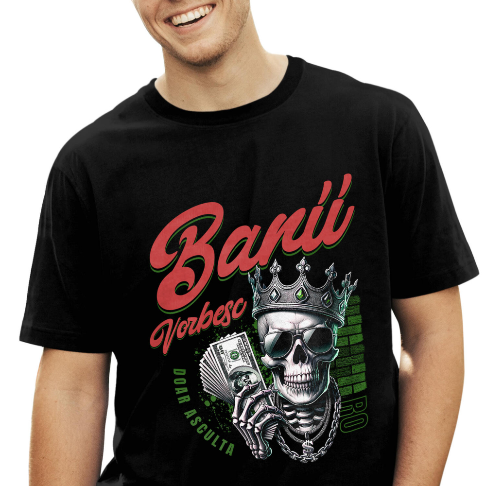 Tricou Femei, Barbati, Copii, Fata, Baiat, Unisex Personalizat Craniu cu Coroană și Dolari – Design Badass Personalizat pentru Cadouri [1]