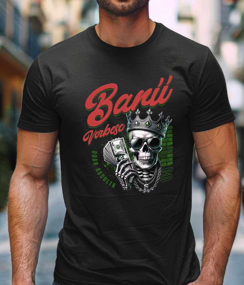 Tricou Femei, Barbati, Copii, Fata, Baiat, Unisex Personalizat Craniu cu Coroană și Dolari – Design Badass Personalizat pentru Cadouri [2]