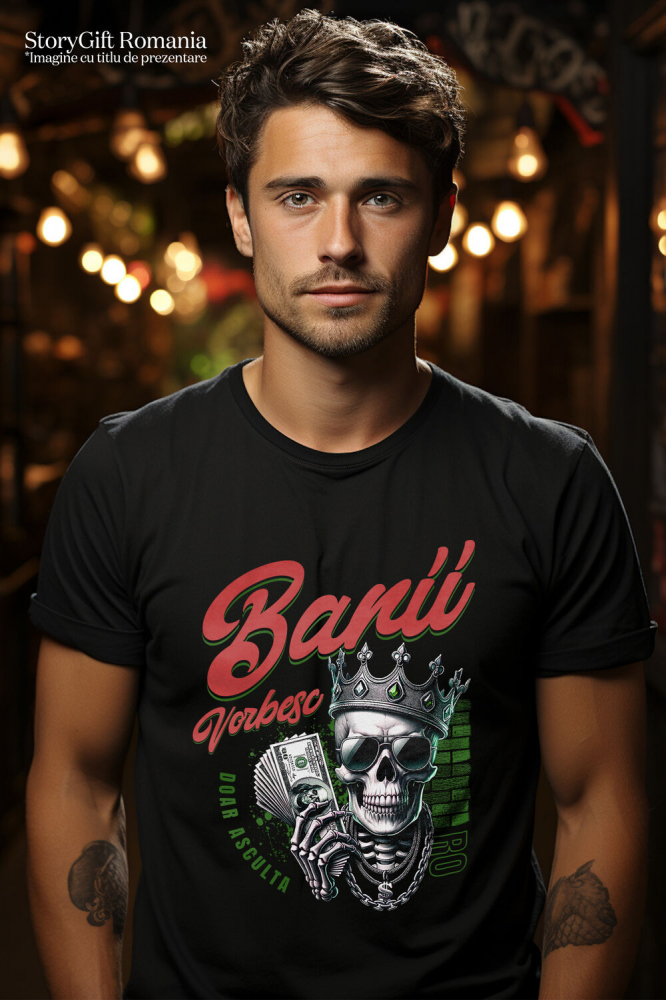 Tricou Femei, Barbati, Copii, Fata, Baiat, Unisex Personalizat Craniu cu Coroană și Dolari – Design Badass Personalizat pentru Cadouri [2]