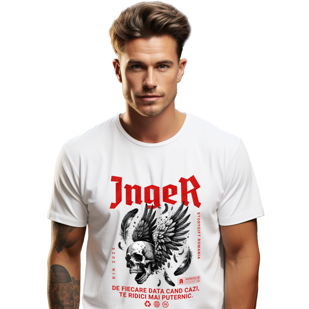 Tricou Femei, Barbati, Copii, Fata, Baiat, Unisex Personalizat Craniu Uman cu Aripi Negre și Text „Înger de Fiere - Data Cazi Te Ridici Mai Puternic” - Cadou Personalizat Motivațional [1]