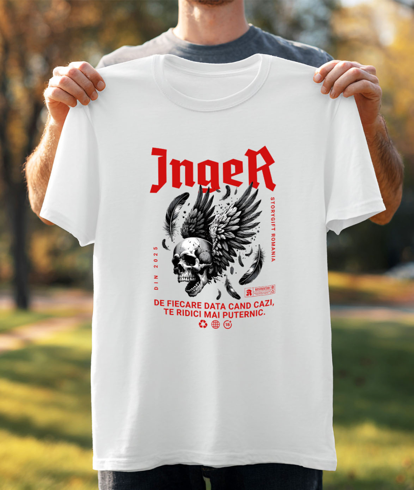 Tricou Femei, Barbati, Copii, Fata, Baiat, Unisex Personalizat Craniu Uman cu Aripi Negre și Text „Înger de Fiere - Data Cazi Te Ridici Mai Puternic” - Cadou Personalizat Motivațional [3]