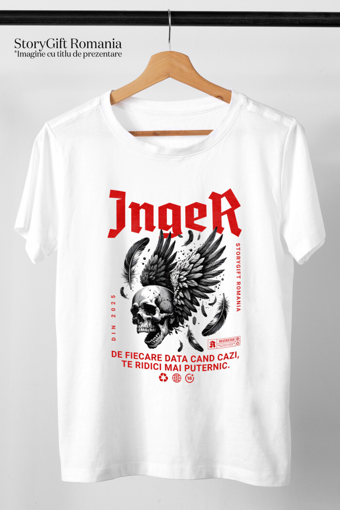 Tricou Femei, Barbati, Copii, Fata, Baiat, Unisex Personalizat Craniu Uman cu Aripi Negre și Text „Înger de Fiere - Data Cazi Te Ridici Mai Puternic” - Cadou Personalizat Motivațional [3]