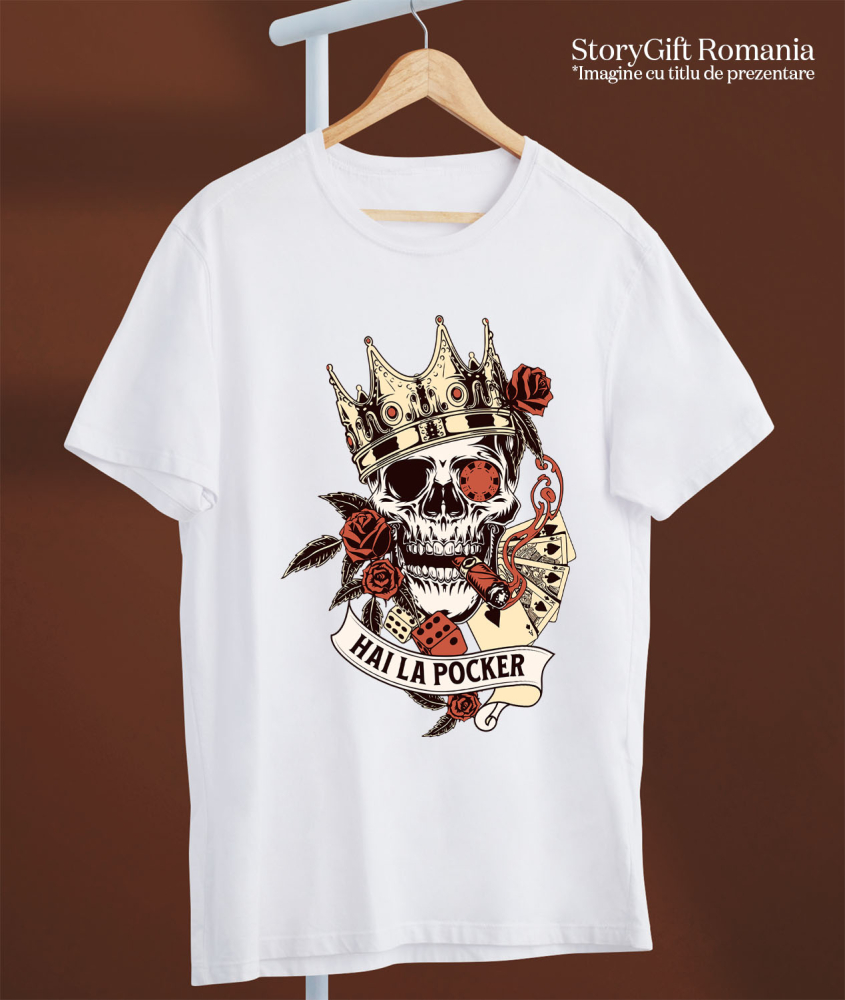 Tricou Femei, Barbati, Copii, Fata, Baiat, Unisex Personalizat Craniu Uman cu Coroană Regală și Poker - Cadou Personalizat „Hai la Poker” - Cadou cu Stil și Eleganță [3]