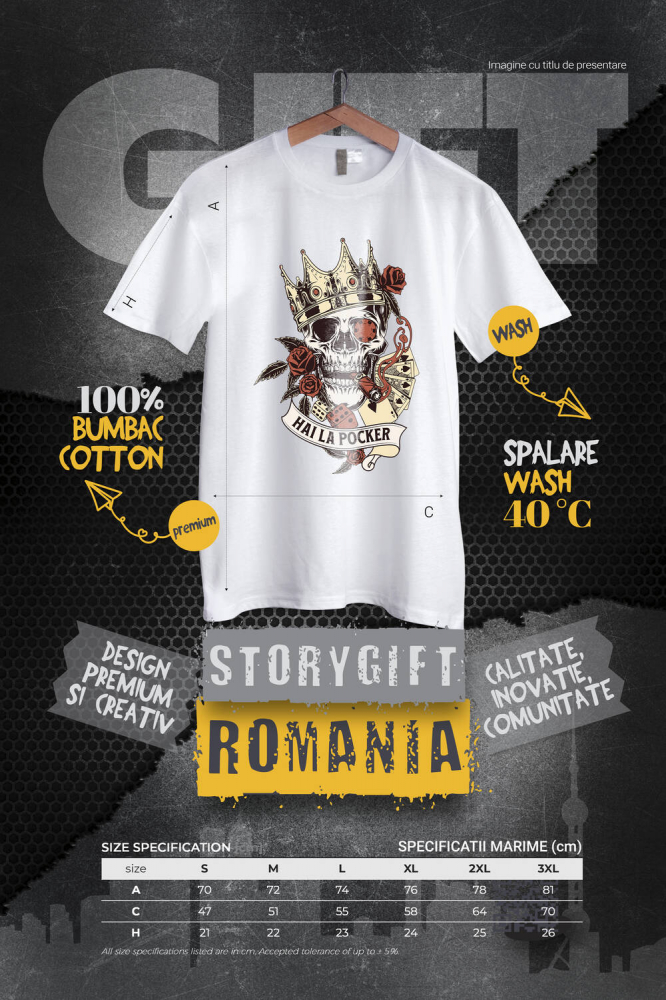 Tricou Femei, Barbati, Copii, Fata, Baiat, Unisex Personalizat Craniu Uman cu Coroană Regală și Poker - Cadou Personalizat „Hai la Poker” - Cadou cu Stil și Eleganță [4]