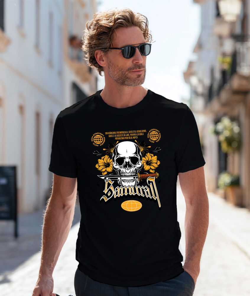 Tricou Femei, Barbati, Copii, Fata, Baiat, Unisex Personalizat Craniu Uman cu Cuțit și Flori Colorate – Design Samurai și Războinici [2]