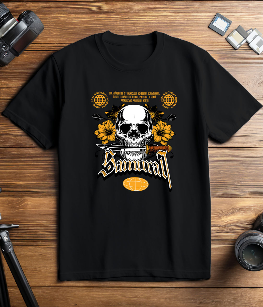 Tricou Femei, Barbati, Copii, Fata, Baiat, Unisex Personalizat Craniu Uman cu Cuțit și Flori Colorate – Design Samurai și Războinici [3]