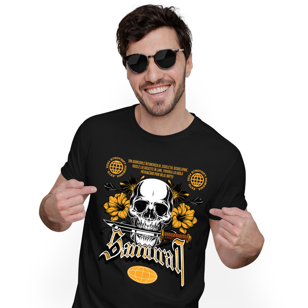 Tricou Femei, Barbati, Copii, Fata, Baiat, Unisex Personalizat Craniu Uman cu Cuțit și Flori Colorate – Design Samurai și Războinici [1]