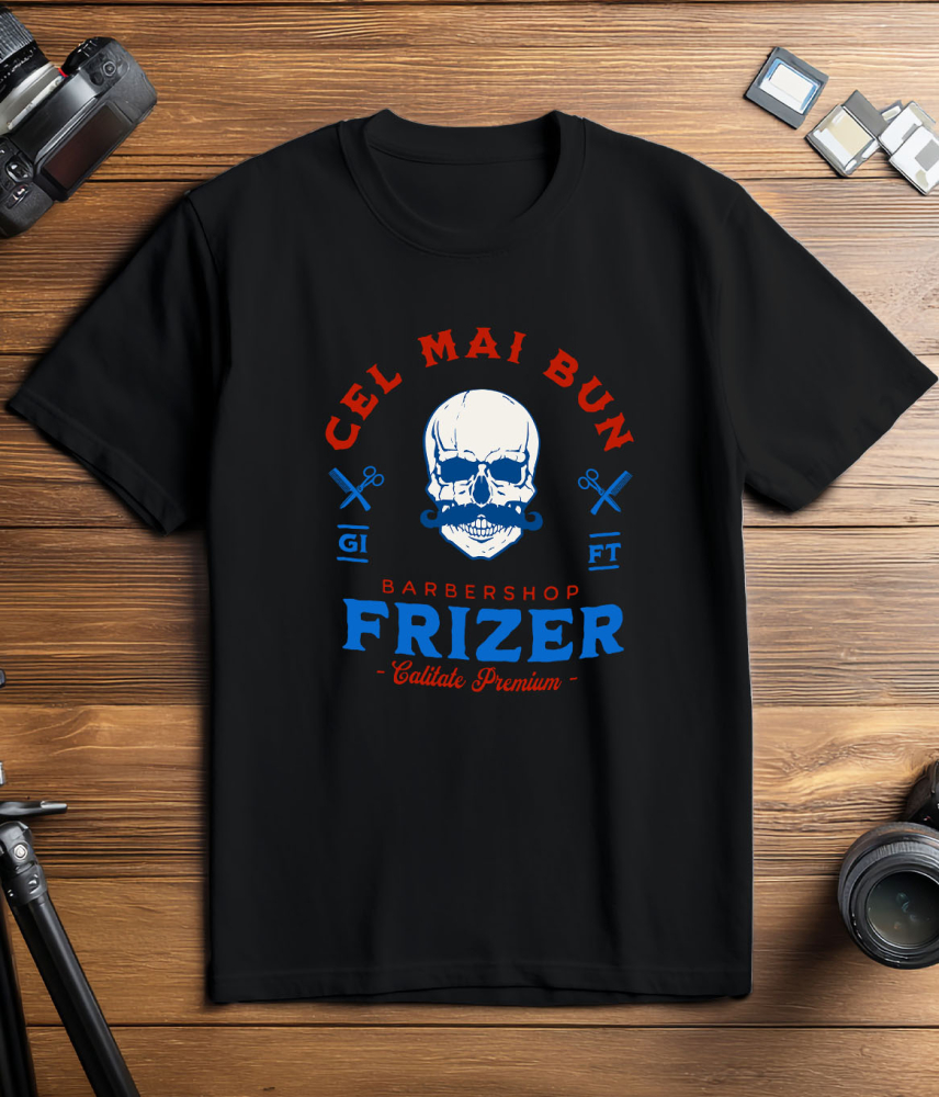 Tricou Femei, Barbati, Copii, Fata, Baiat, Unisex Personalizat Craniu Uman cu Mustață – Instrumente Frizerie, Barber Shop, Pasiune pentru Meserie [3]