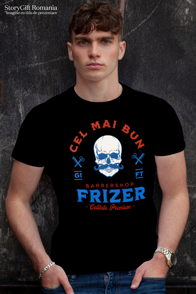 Tricou Femei, Barbati, Copii, Fata, Baiat, Unisex Personalizat Craniu Uman cu Mustață – Instrumente Frizerie, Barber Shop, Pasiune pentru Meserie [2]