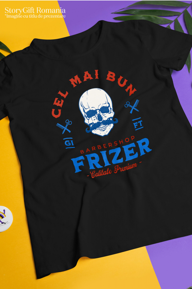 Tricou Femei, Barbati, Copii, Fata, Baiat, Unisex Personalizat Craniu Uman cu Mustață – Instrumente Frizerie, Barber Shop, Pasiune pentru Meserie [3]