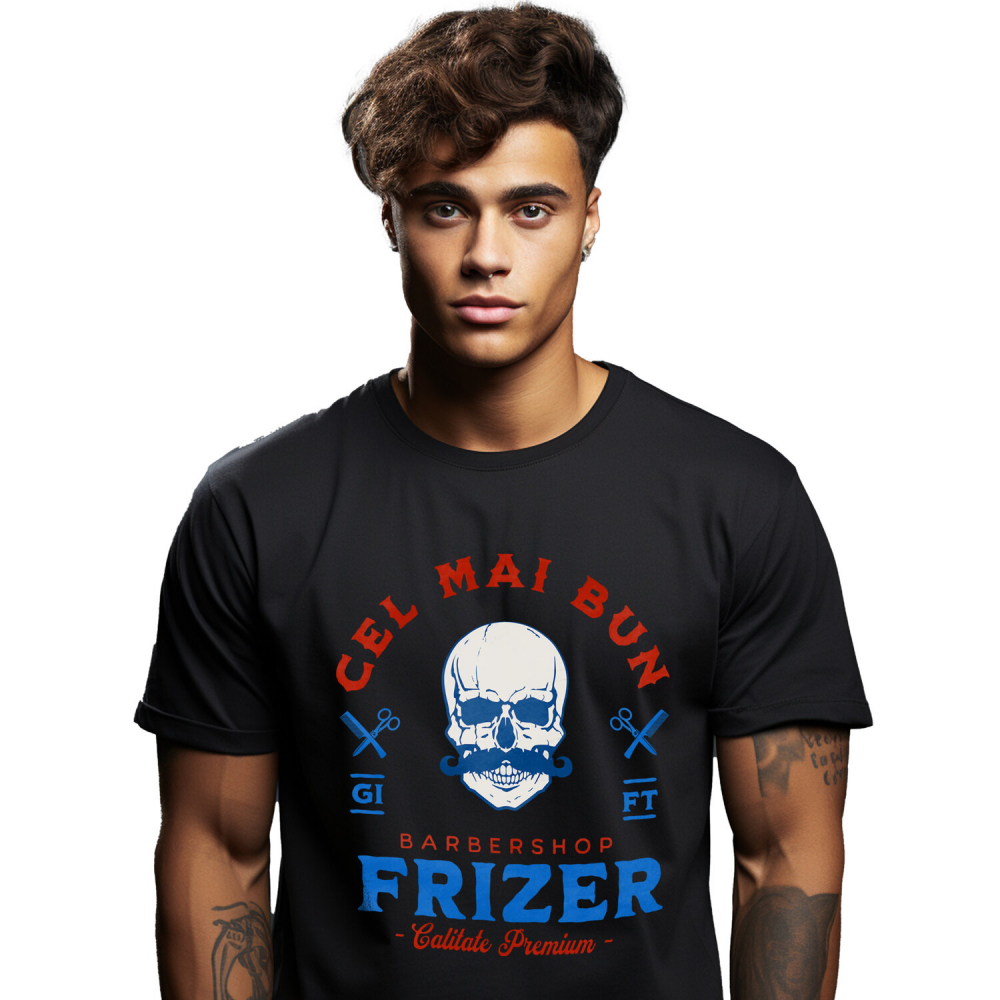 Tricou Femei, Barbati, Copii, Fata, Baiat, Unisex Personalizat Craniu Uman cu Mustață – Instrumente Frizerie, Barber Shop, Pasiune pentru Meserie [1]