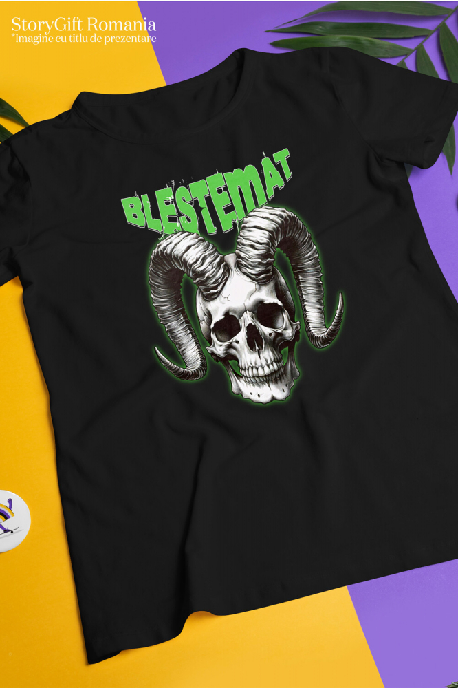 Tricou Femei, Barbati, Copii, Fata, Baiat, Unisex Personalizat Craniu Uman Mort cu Coarne Lung | Blestemat de Halloween [3]