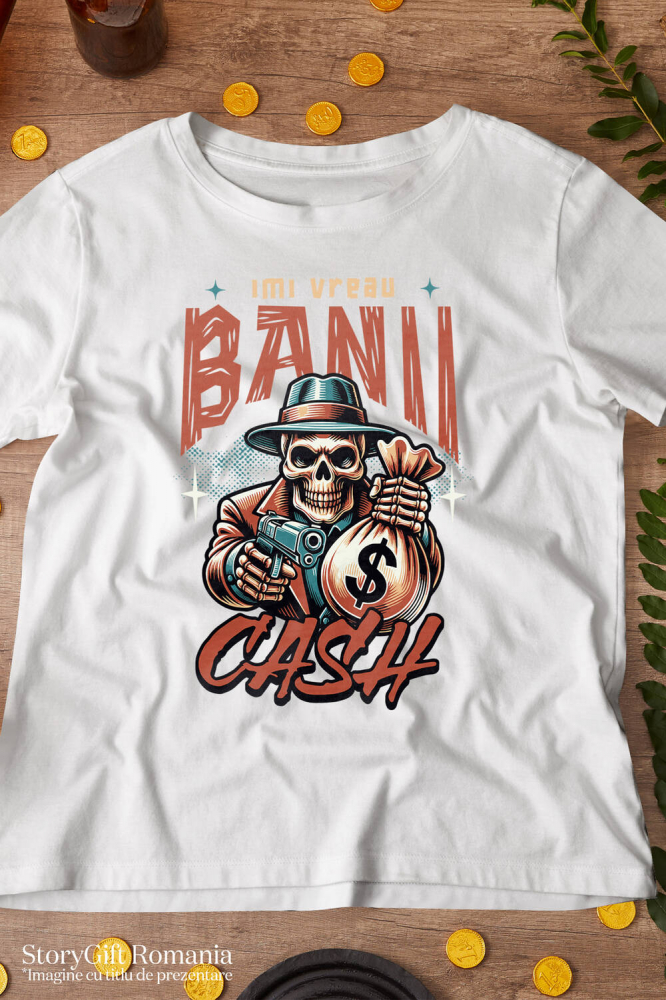 Tricou Femei, Barbati, Copii, Fata, Baiat, Unisex Personalizat Craniu Mafiot cu Bani și Armă – Design Badass Personalizat [3]