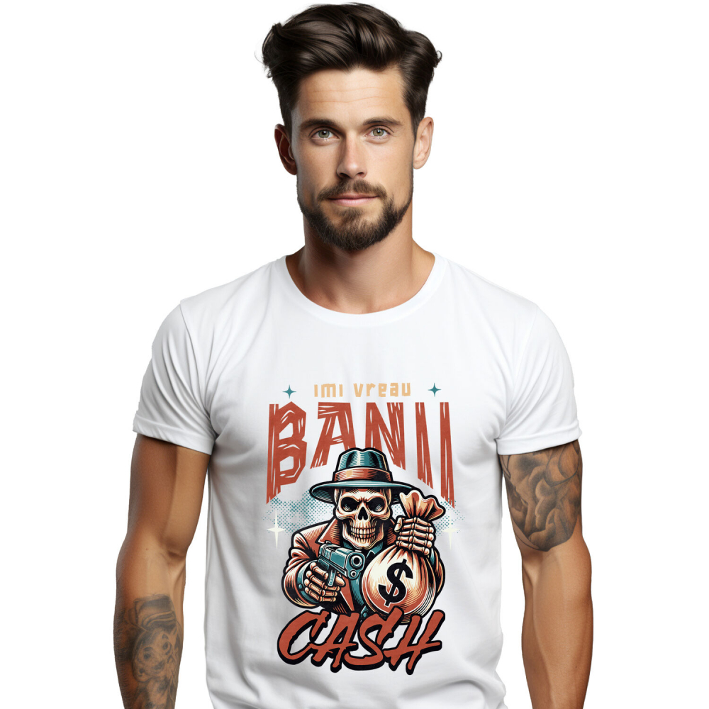 Tricou Femei, Barbati, Copii, Fata, Baiat, Unisex Personalizat Craniu Mafiot cu Bani și Armă – Design Badass Personalizat [1]