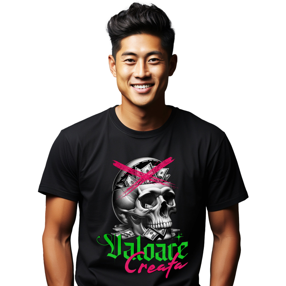 Tricou Femei, Barbati, Copii, Fata, Baiat, Unisex Personalizat Craniu Uman cu Bancnote – „Valoare Creată” – Cadou Provocator pentru Familie, Tati, Copii, Prieteni [1]