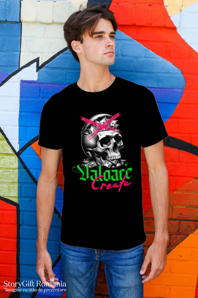 Tricou Femei, Barbati, Copii, Fata, Baiat, Unisex Personalizat Craniu Uman cu Bancnote – „Valoare Creată” – Cadou Provocator pentru Familie, Tati, Copii, Prieteni [2]