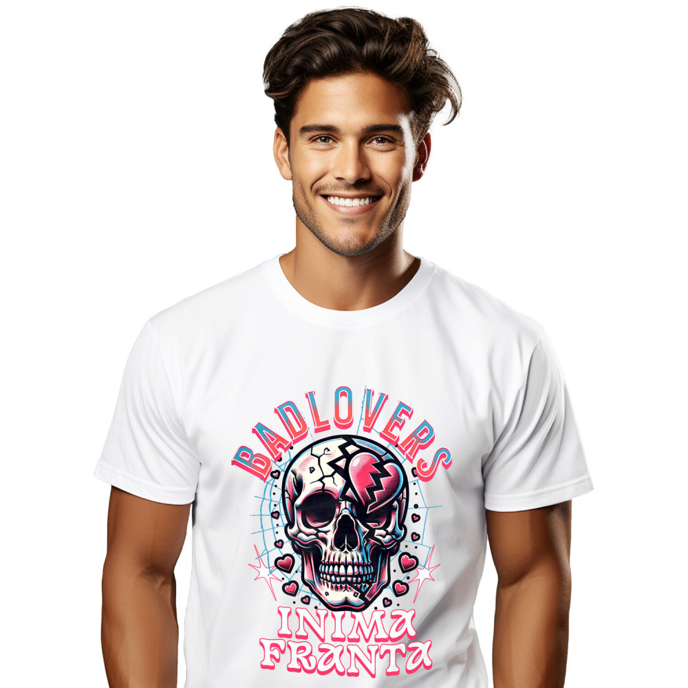 Tricou Femei, Barbati, Copii, Fata, Baiat, Unisex Personalizat Craniu Uman Mort cu Text „Bad Lovers” și Inima Franta – Cadou Personalizat de Valentine's Day [1]