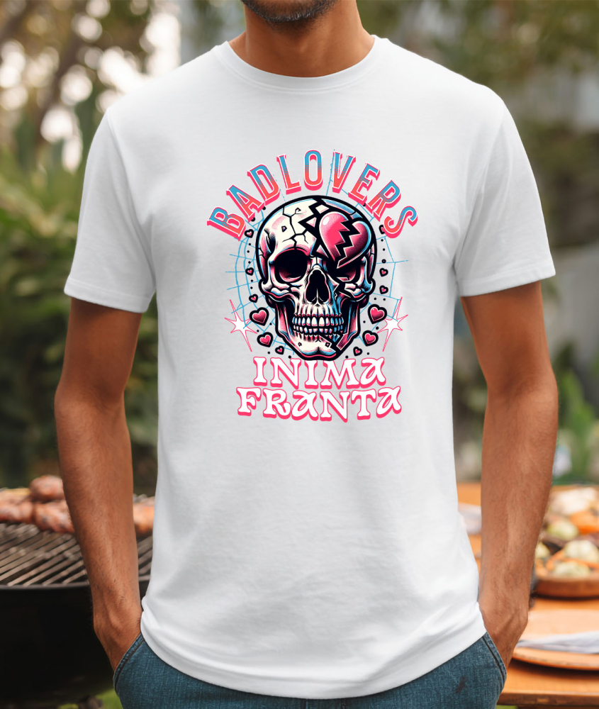 Tricou Femei, Barbati, Copii, Fata, Baiat, Unisex Personalizat Craniu Uman Mort cu Text „Bad Lovers” și Inima Franta – Cadou Personalizat de Valentine's Day [2]