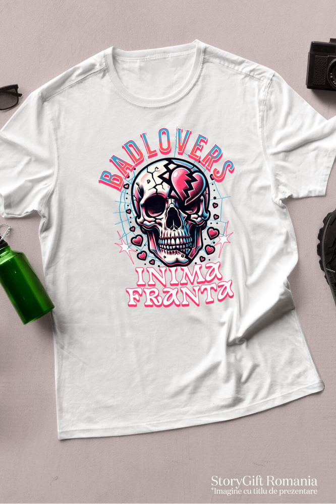 Tricou Femei, Barbati, Copii, Fata, Baiat, Unisex Personalizat Craniu Uman Mort cu Text „Bad Lovers” și Inima Franta – Cadou Personalizat de Valentine's Day [3]
