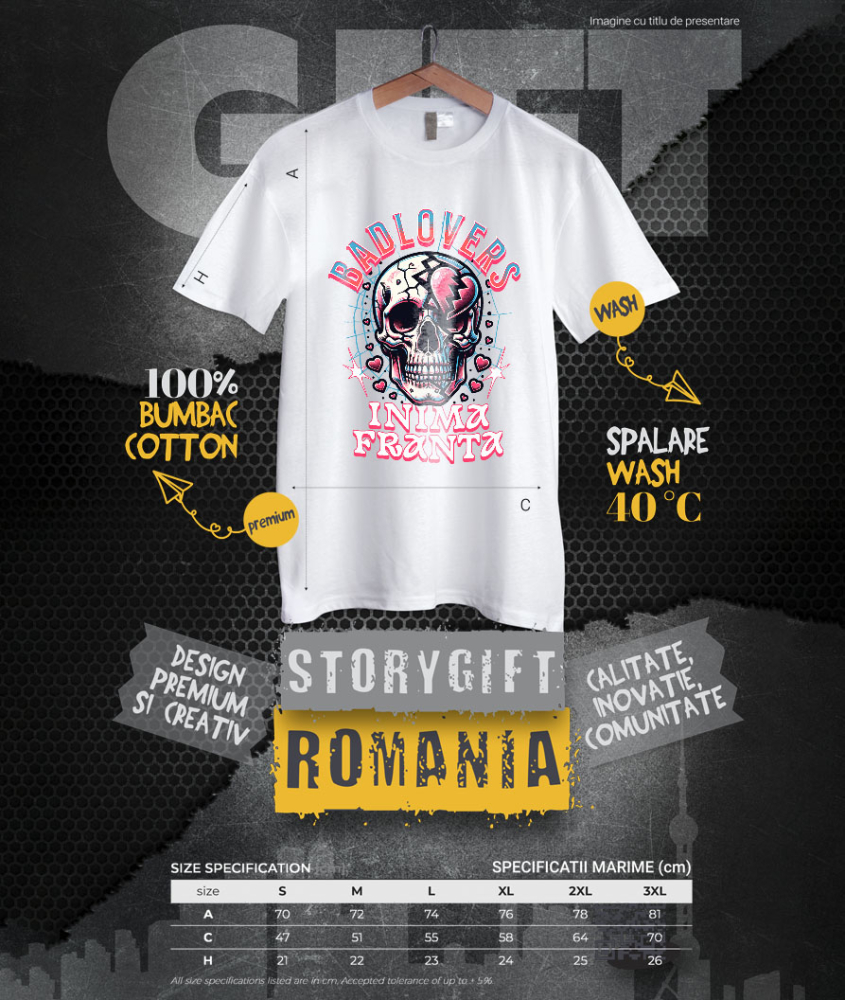 Tricou Femei, Barbati, Copii, Fata, Baiat, Unisex Personalizat Craniu Uman Mort cu Text „Bad Lovers” și Inima Franta – Cadou Personalizat de Valentine's Day [4]