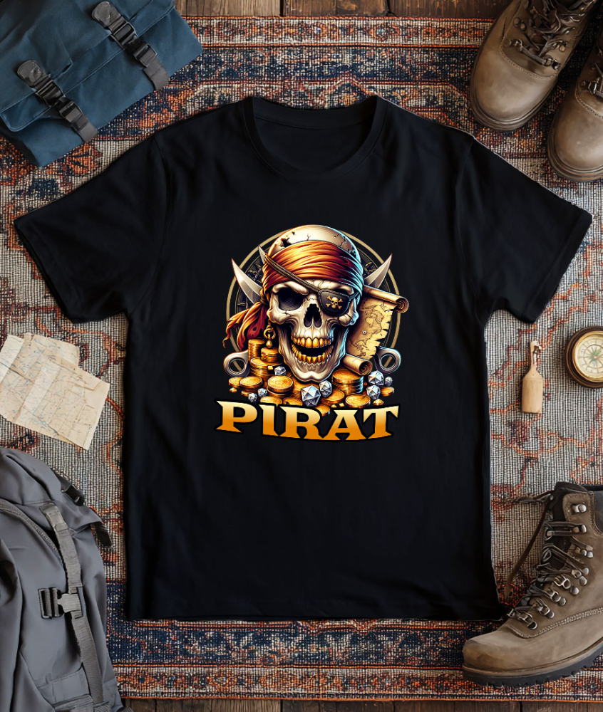Tricou Femei, Barbati, Copii, Fata, Baiat, Unisex Personalizat Craniu Pirat cu Dinti de Aur, Bandana și Monede - Cadou pentru Iubitorii de Pirati [3]