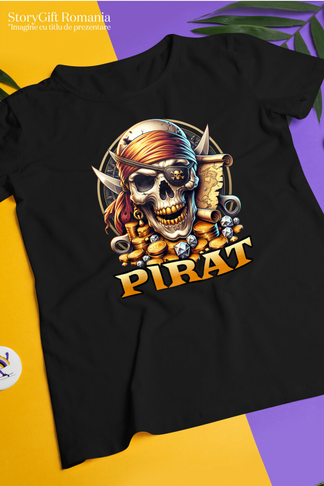 Tricou Femei, Barbati, Copii, Fata, Baiat, Unisex Personalizat Craniu Pirat cu Dinti de Aur, Bandana și Monede - Cadou pentru Iubitorii de Pirati [3]